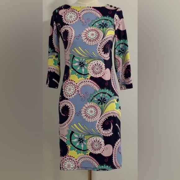 Talbots Jersey Paisley Shift Dress Size P. 3/4 Sleeve Boat Neck    SKU 11 - Picture 1 of 12